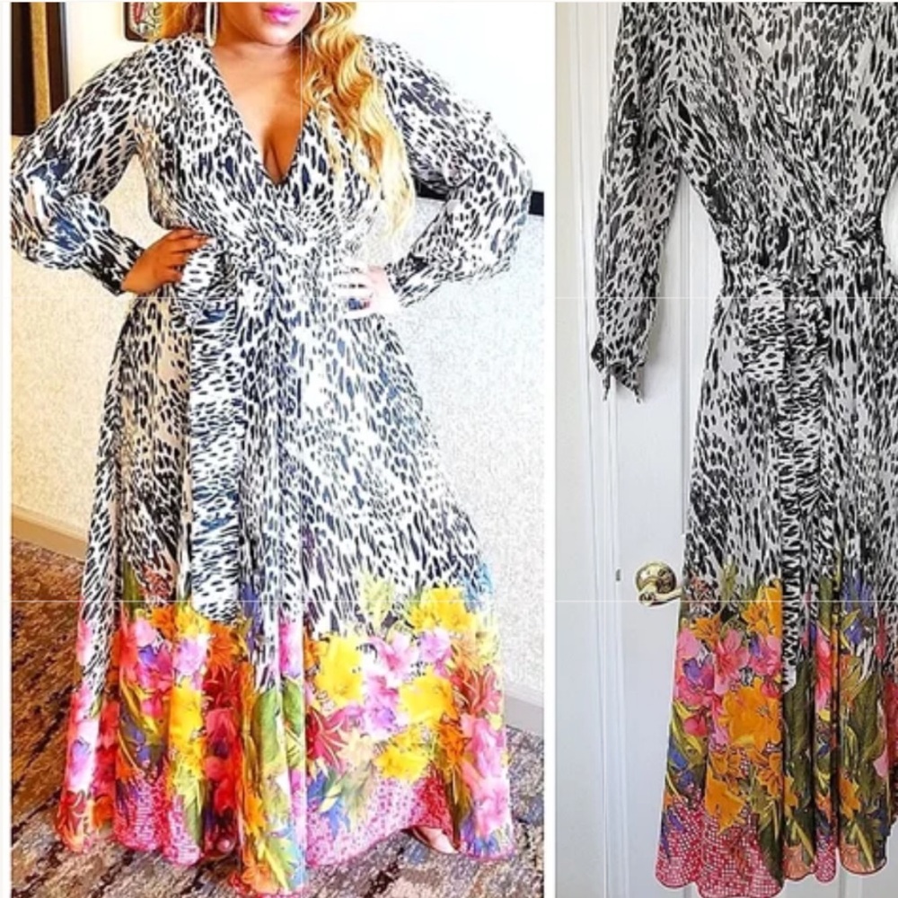 Mixed Print Maxi Dress with Floral Hem - Black & Multicolor